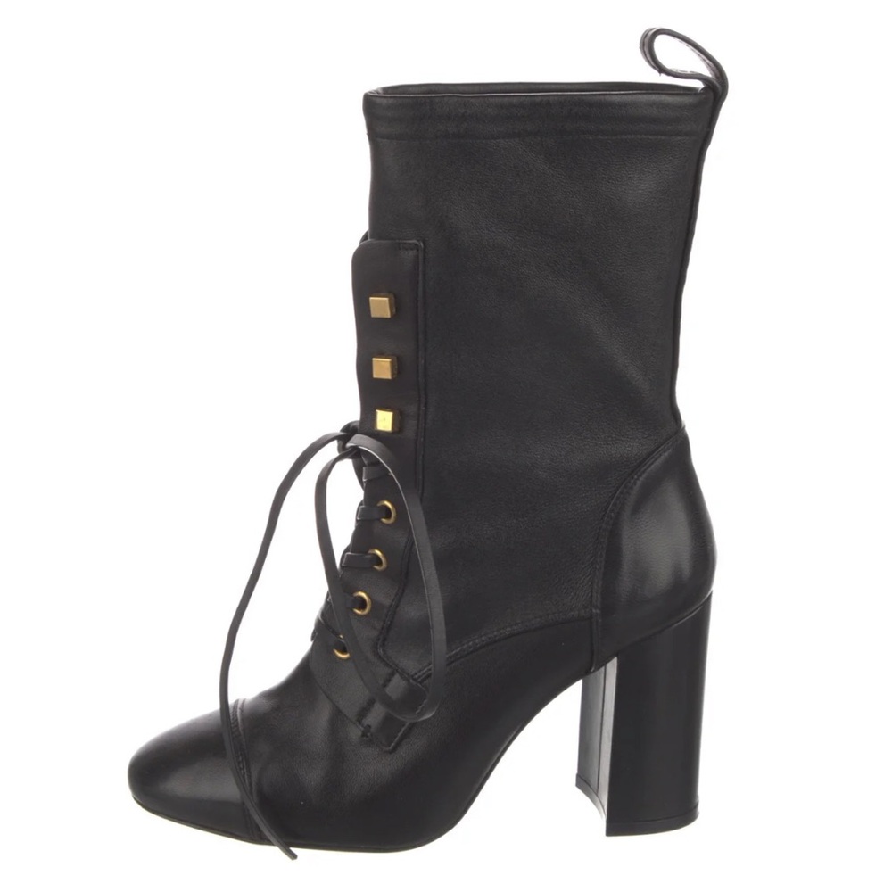 Stuart Weitzman Black Heeled Boots with Gold Accents